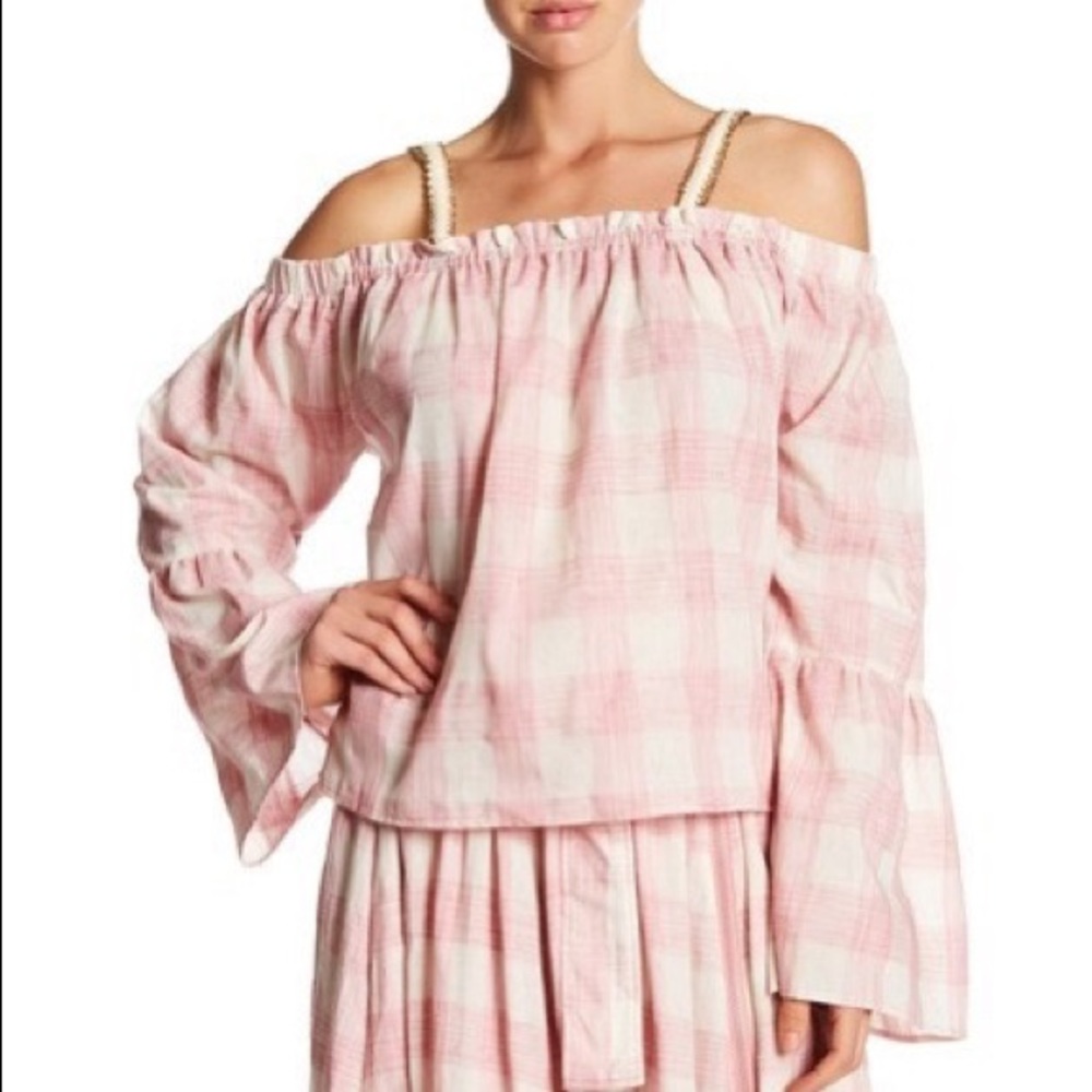 TOV Holy Off-the-Shoulder Bell Sleeve Blouse